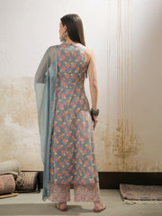 Women Grey Floral Sleeveless Kurta With Pencil Pants & Dupatta