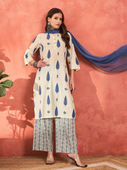 Women White & Blue Floral Straight Kurta With Pencil Pants & Dupatta