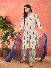 Women White & Blue Floral Straight Kurta With Pencil Pants & Dupatta