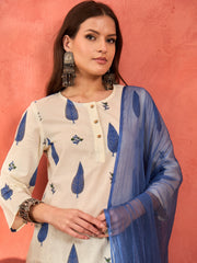 Women White & Blue Floral Straight Kurta With Pencil Pants & Dupatta