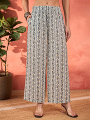 Women White & Blue Floral Straight Kurta With Pencil Pants & Dupatta