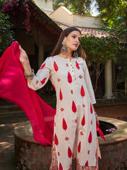 Women White & Red Floral Straight Kurta With Pencil Pants & Dupatta
