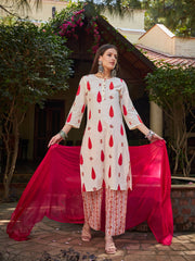 Women White & Red Floral Straight Kurta With Pencil Pants & Dupatta