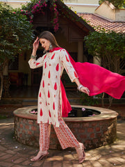 Women White & Red Floral Straight Kurta With Pencil Pants & Dupatta