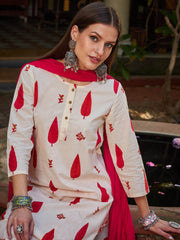 Women White & Red Floral Straight Kurta With Pencil Pants & Dupatta