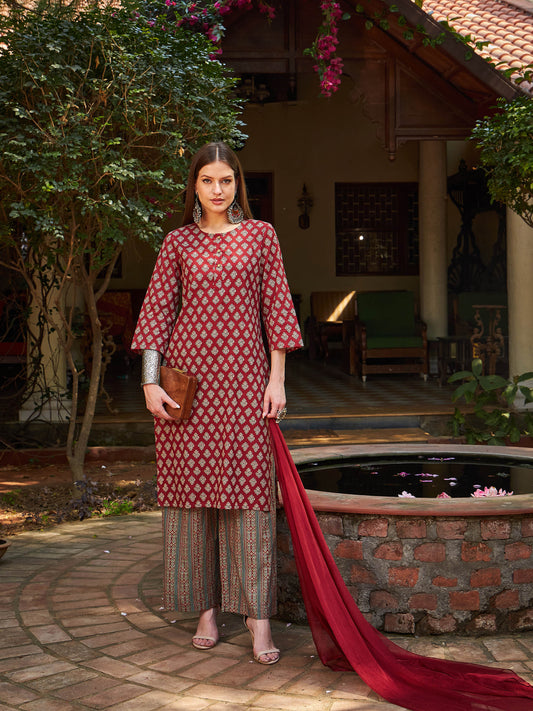 Women Maroon Floral Straight Kurta With Pants & Dupatta