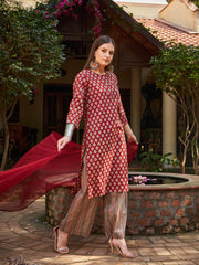 Women Maroon Floral Straight Kurta With Pants & Dupatta
