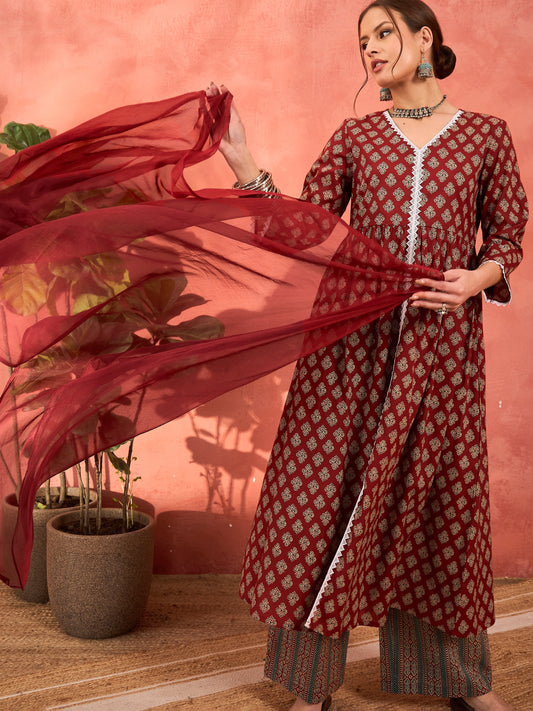 Women Maroon Floral Front Slit Kurta With Pencil Pants & Dupatta
