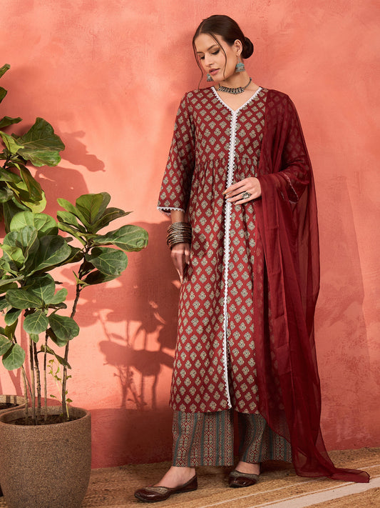 Women Maroon Floral Front Slit Kurta With Pencil Pants & Dupatta