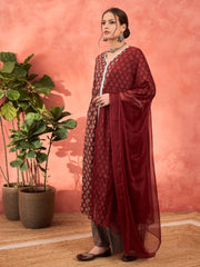 Women Maroon Floral Front Slit Kurta With Pencil Pants & Dupatta