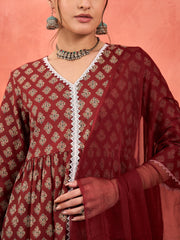 Women Maroon Floral Front Slit Kurta With Pencil Pants & Dupatta