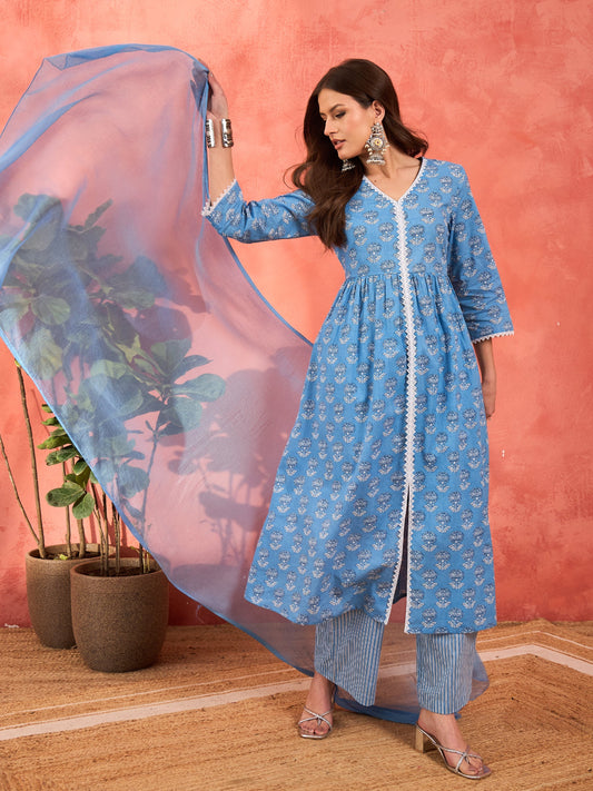Women Blue Floral Front Slit Kurta With Pencil Pants & Dupatta