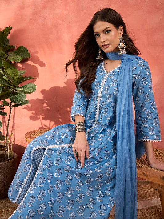 Women Blue Floral Front Slit Kurta With Pencil Pants & Dupatta