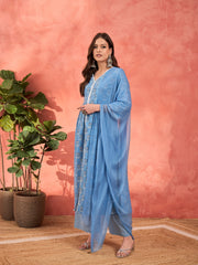 Women Blue Floral Front Slit Kurta With Pencil Pants & Dupatta