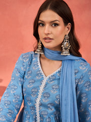 Women Blue Floral Front Slit Kurta With Pencil Pants & Dupatta