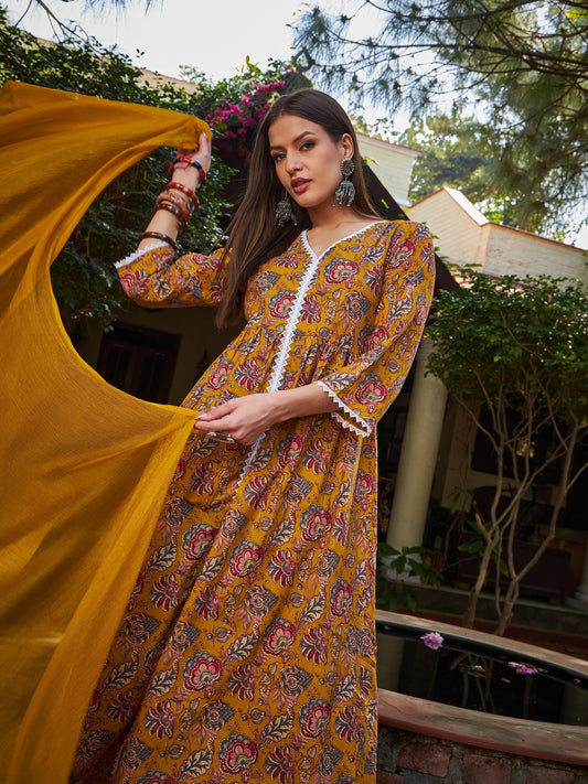 Women Mustard Floral Front Slit Kurta With Pencil Pants & Dupatta