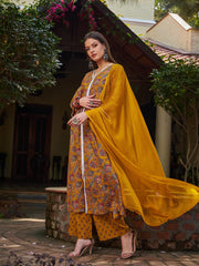 Women Mustard Floral Front Slit Kurta With Pencil Pants & Dupatta