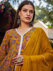 Women Mustard Floral Front Slit Kurta With Pencil Pants & Dupatta