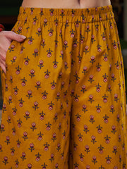 Women Mustard Floral Front Slit Kurta With Pencil Pants & Dupatta