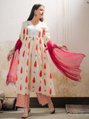 Women White & Red Floral Gathered Kurta With Pencil Pants & Dupatta