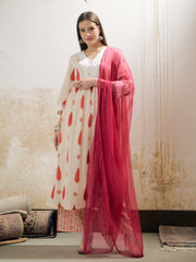 Women White & Red Floral Gathered Kurta With Pencil Pants & Dupatta