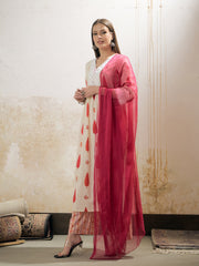 Women White & Red Floral Gathered Kurta With Pencil Pants & Dupatta