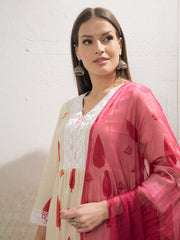 Women White & Red Floral Gathered Kurta With Pencil Pants & Dupatta