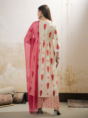 Women White & Red Floral Gathered Kurta With Pencil Pants & Dupatta