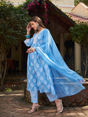 Women Blue Floral Gathered Kurta With Pencil Pants & Dupatta