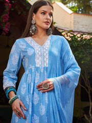 Women Blue Floral Gathered Kurta With Pencil Pants & Dupatta