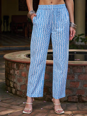 Women Blue Floral Gathered Kurta With Pencil Pants & Dupatta