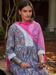 Women Grey Floral Gathered Kurta With Pencil Pants & Dupatta