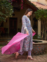 Women Grey Floral Gathered Kurta With Pencil Pants & Dupatta