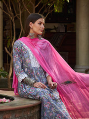 Women Grey Floral Gathered Kurta With Pencil Pants & Dupatta