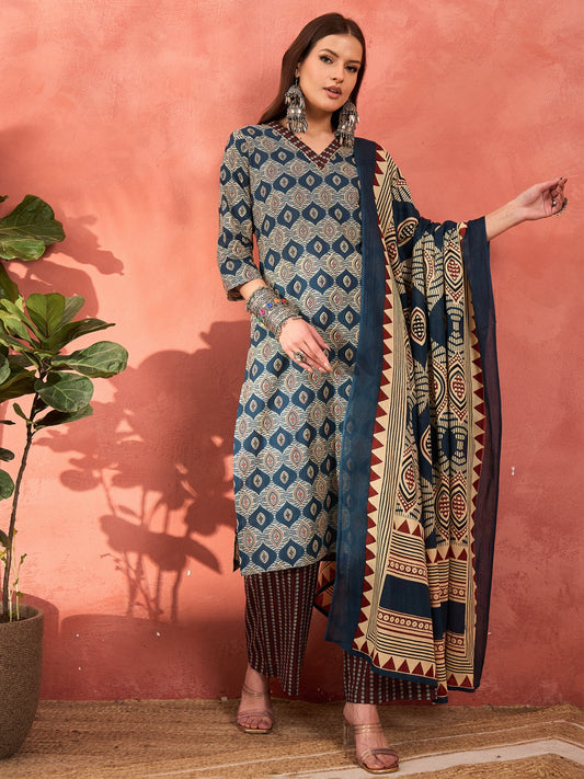 Women Navy Geometric Print V Neck Kurta With Pencil Pants & Dupatta