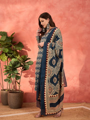 Women Navy Geometric Print V Neck Kurta With Pencil Pants & Dupatta