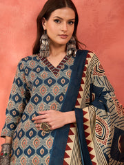 Women Navy Geometric Print V Neck Kurta With Pencil Pants & Dupatta