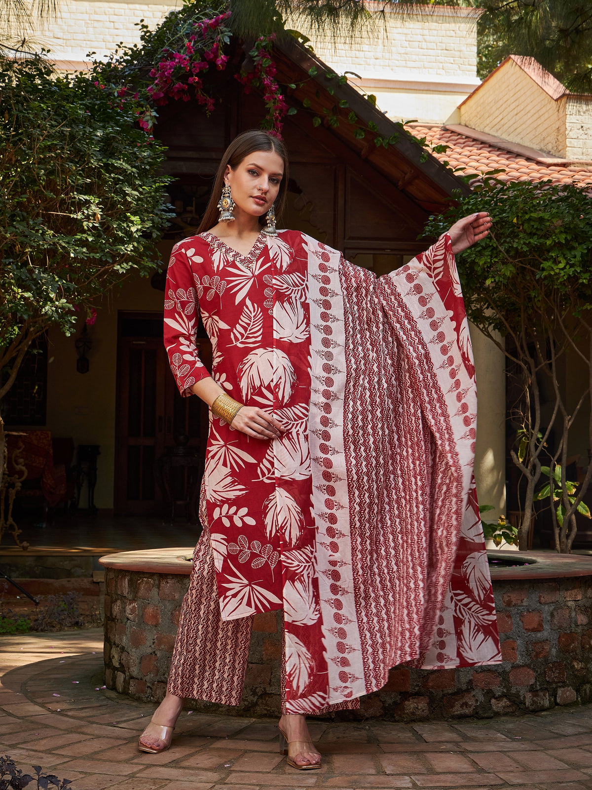 Women Maroon Floral V Neck Kurta With Pencil Pants & Dupatta
