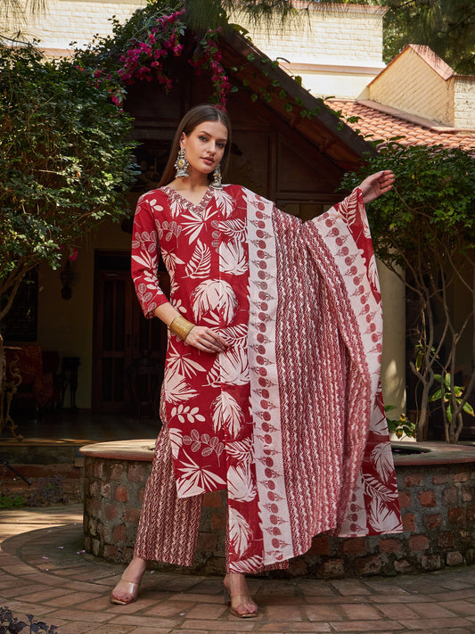 Women Maroon Floral V Neck Kurta With Pencil Pants & Dupatta