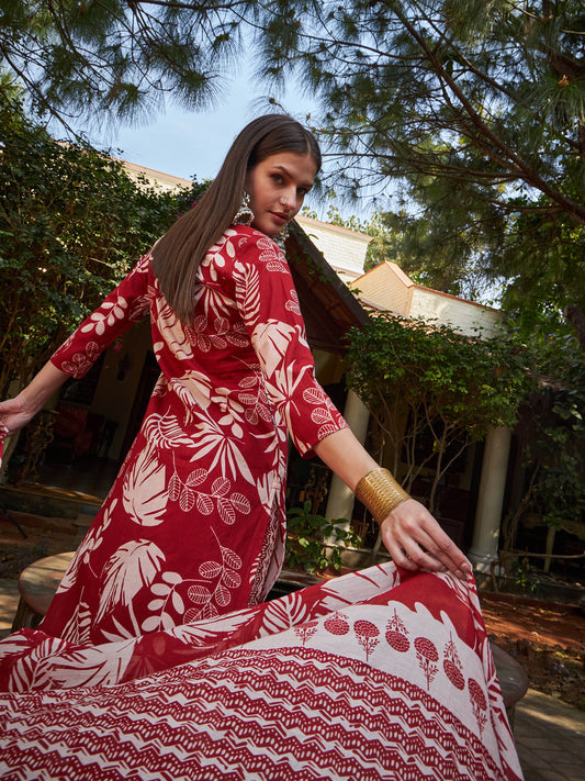 Women Maroon Floral V Neck Kurta With Pencil Pants & Dupatta