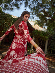 Women Maroon Floral V Neck Kurta With Pencil Pants & Dupatta