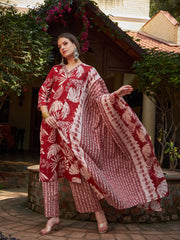 Women Maroon Floral V Neck Kurta With Pencil Pants & Dupatta