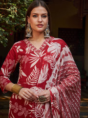 Women Maroon Floral V Neck Kurta With Pencil Pants & Dupatta