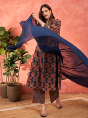 Women Navy Geometric Print Kurta With Pencil Pants & Dupatta