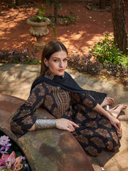 Women Black Floral Straight Kurta With Pants & Dupatta
