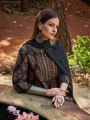 Women Black Floral Straight Kurta With Pants & Dupatta