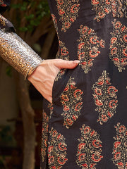 Women Black Floral Straight Kurta With Pants & Dupatta