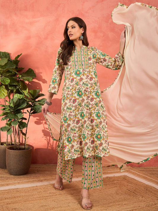 Women White Multi Floral Straight Kurta With Pencil Pants & Dupatta