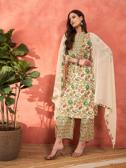 Women White Multi Floral Straight Kurta With Pencil Pants & Dupatta
