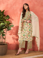 Women White Multi Floral Straight Kurta With Pencil Pants & Dupatta